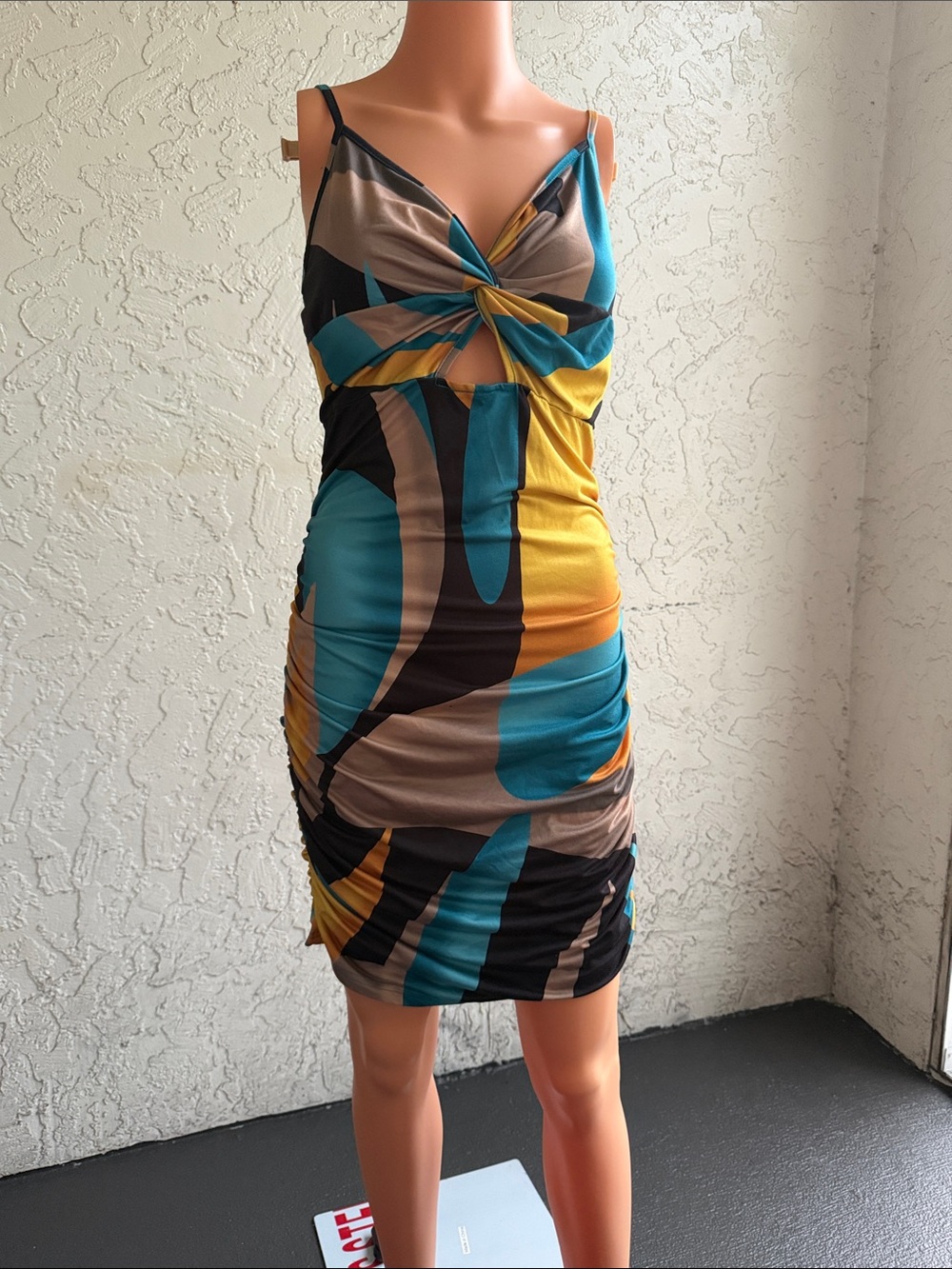 Twist-Front Multicolor Bodycon Dress - Teal & Mustard